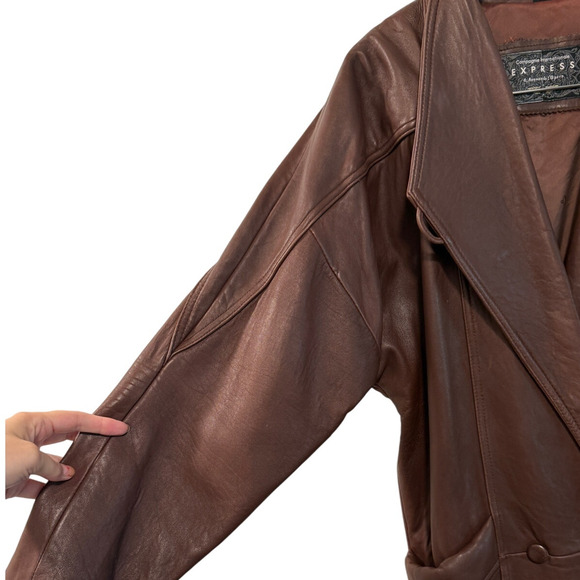 Express S Slouchy Oversized Lamb Leather Trench Coat Long Jacket 90s Brown - Picture 6 of 12